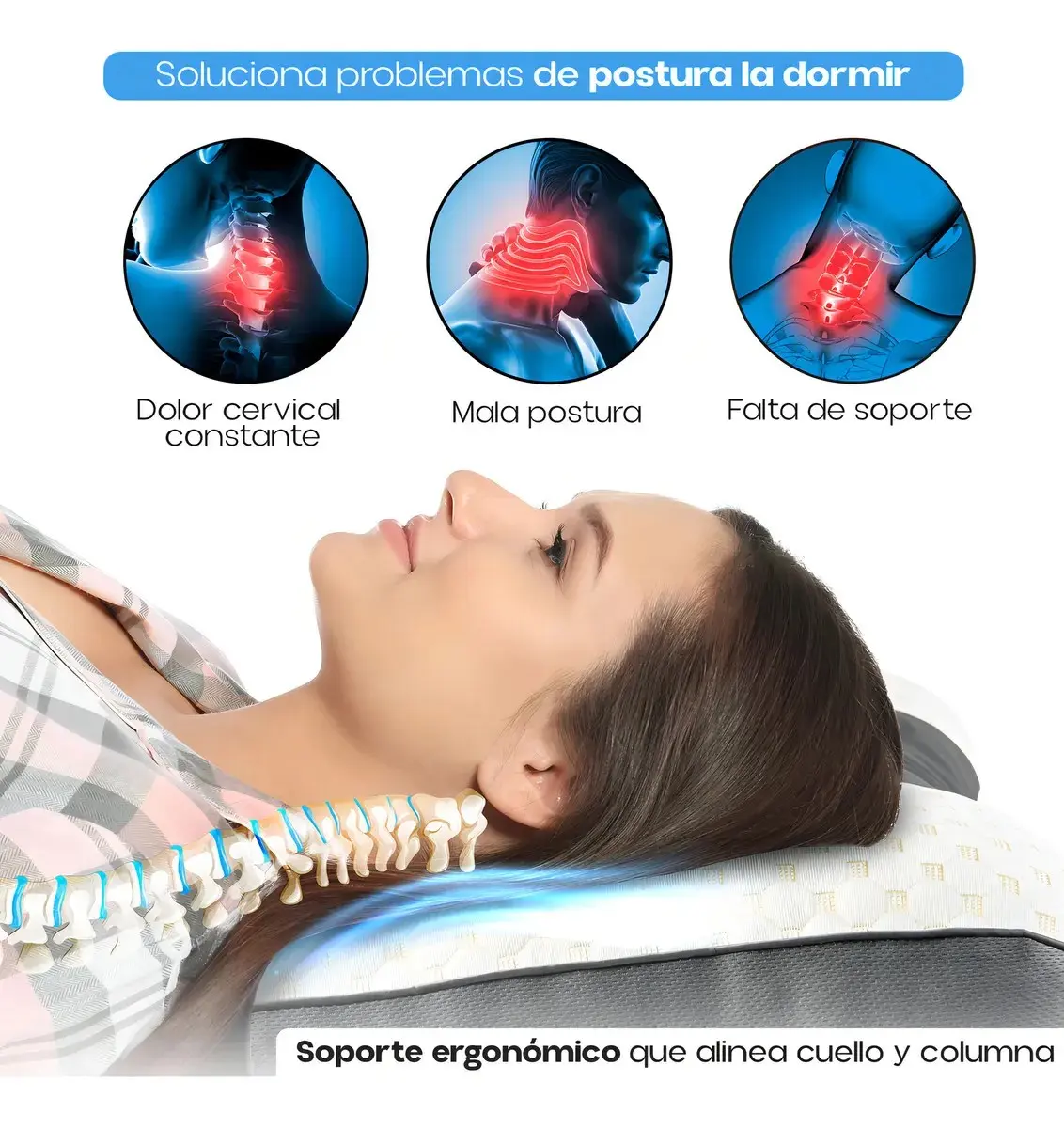 Almohada ortopédica ergonómica blanca que alinea cuello y columna para aliviar el dolor cervical y corregir la postura al dormir.