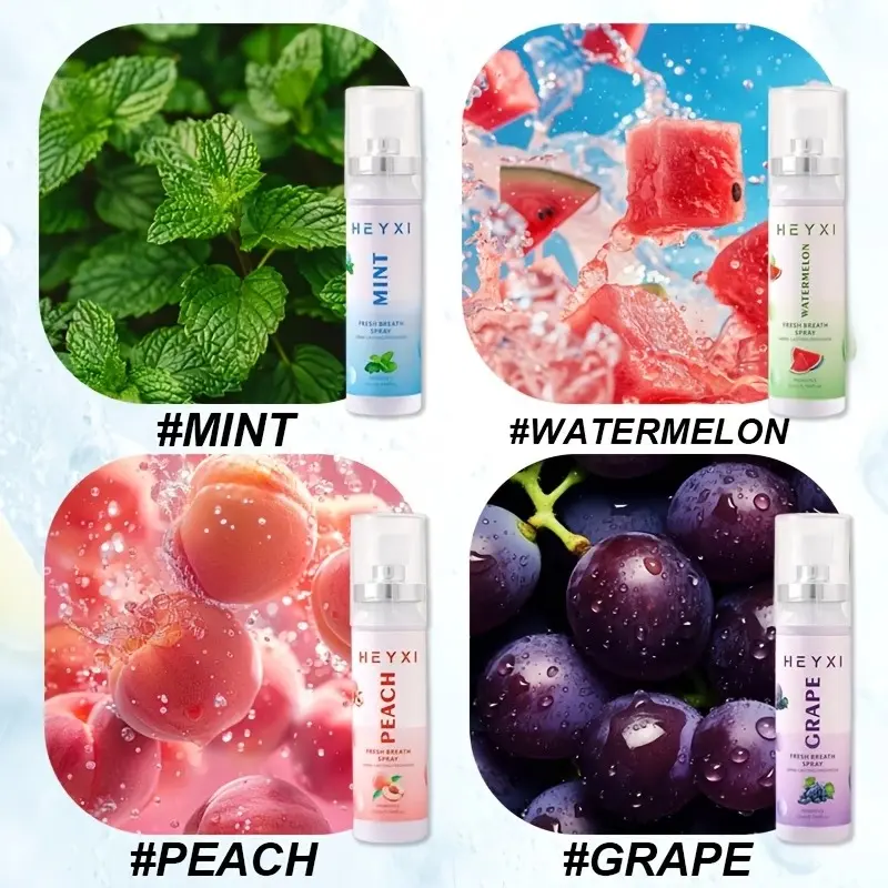Set de cuatro sprays bucales Heyxi con sabores a menta, sandía, durazno y uva, presentados junto a imágenes de sus ingredientes frescos para aliento puro.