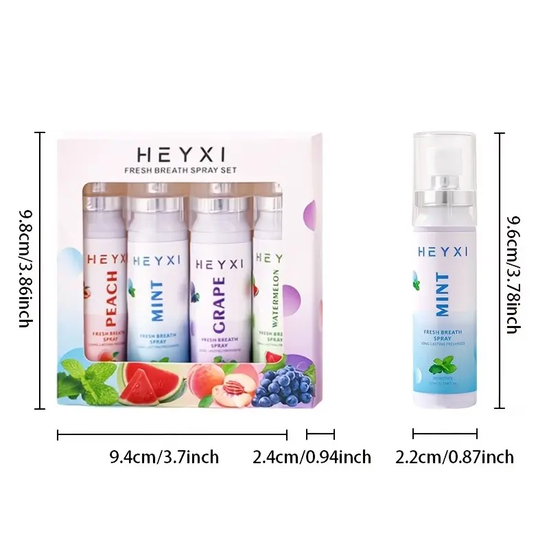 Set de 4 sprays bucales Heyxi con sabores a durazno, menta, uva y sandía. Incluye medidas de empaque 9.4x9.8cm y envase individual de 9.6cm de alto.