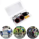 Kit de parcheo para bicicleta en estuche plástico blanco, incluye parches redondos, pegamento y herramientas.