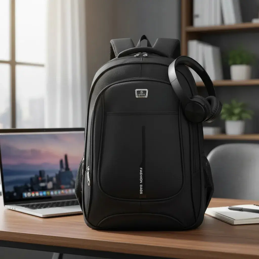 Mochila urbana negra impermeable para laptop con audífonos colgando sobre un escritorio de madera junto a una laptop abierta