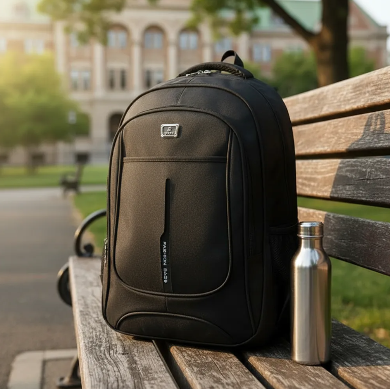 Mochila urbana Oxford negra para laptop con bolsillo frontal vertical, termo metálico al lado, sobre banca de madera en parque universitario.