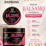 Set de dos tarros negros de bálsamo capilar Andross de 100 ml con detalles rosas y dorados, exhibidos sobre pedestales para tratamiento de cabello.