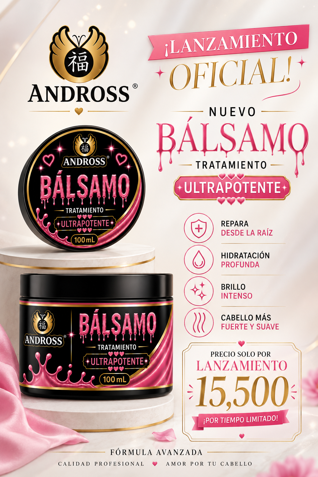 Set de dos tarros negros de bálsamo capilar Andross de 100 ml con detalles rosas y dorados, exhibidos sobre pedestales para tratamiento de cabello.