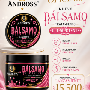 Bálsamo capilar de nutrición intensiva Andross 100 ml en frascos negros con detalles rosados y dorados sobre base cilíndrica.