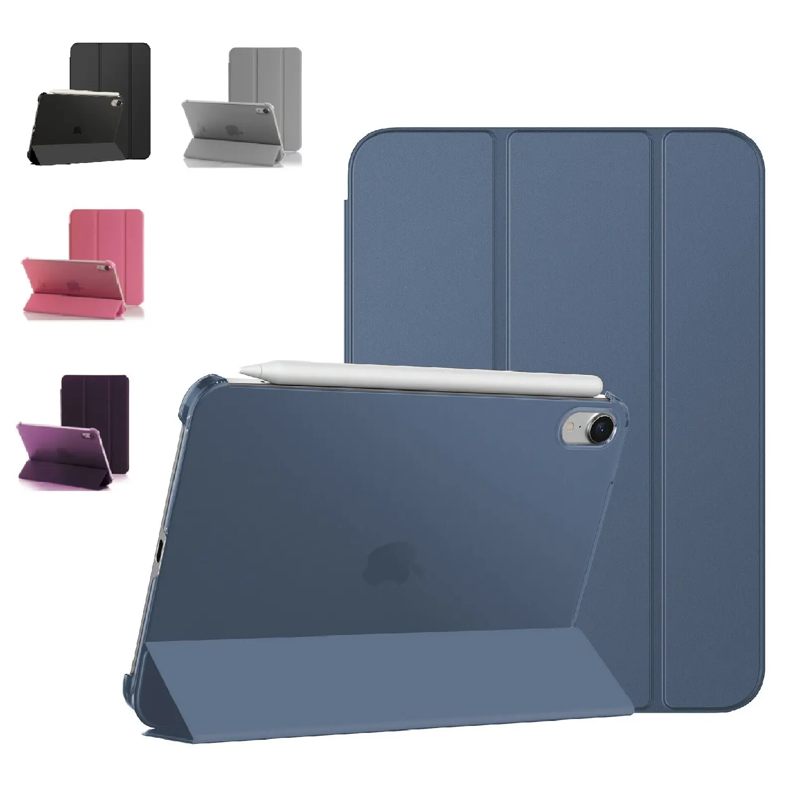 Estuche Smart Case magnético azul para iPad Mini con Apple Pencil en posición de soporte, con variantes en negro, gris, rosado y morado.