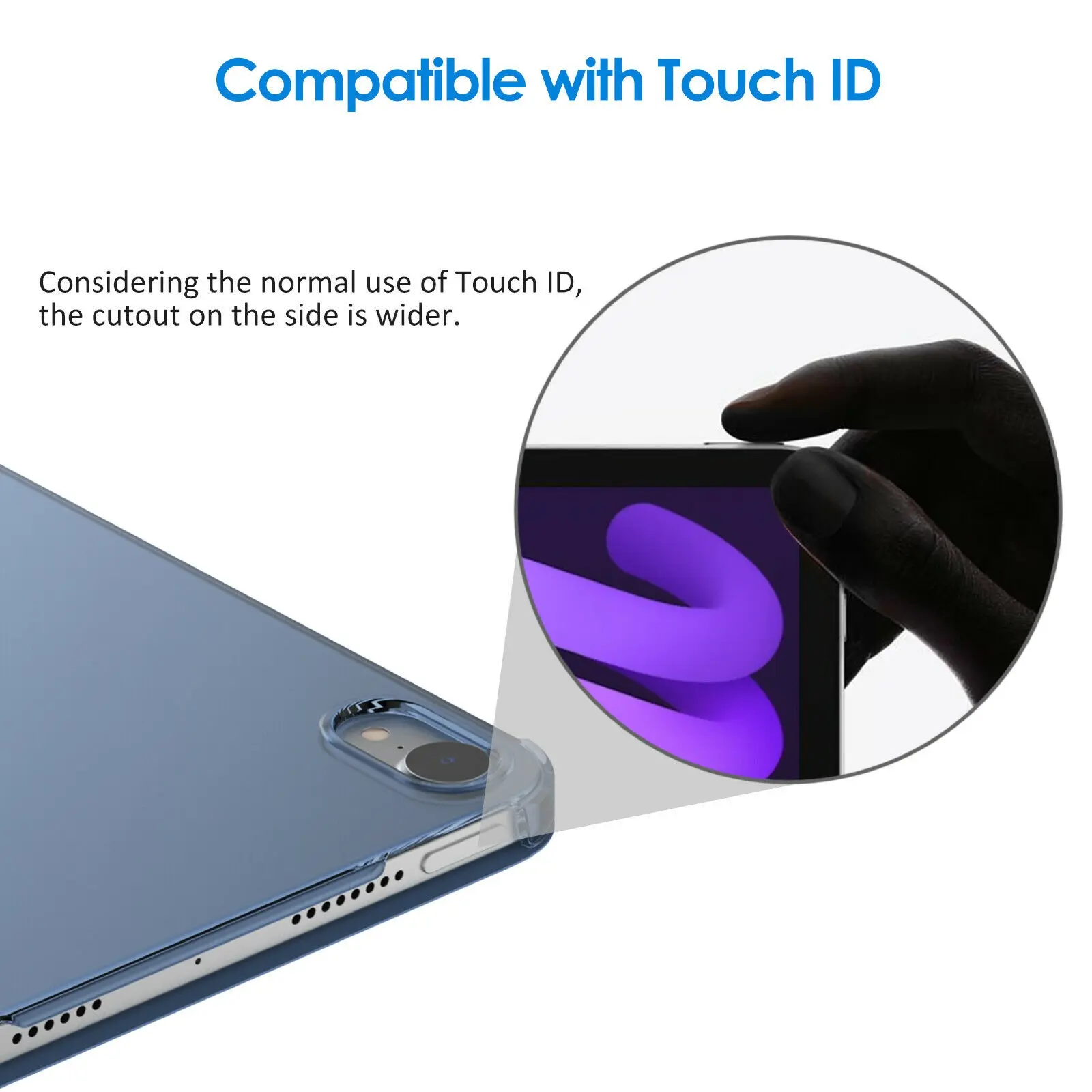 Primer plano de estuche azul para iPad Mini con recorte lateral amplio para facilitar el uso del sensor Touch ID, mostrado en detalle.