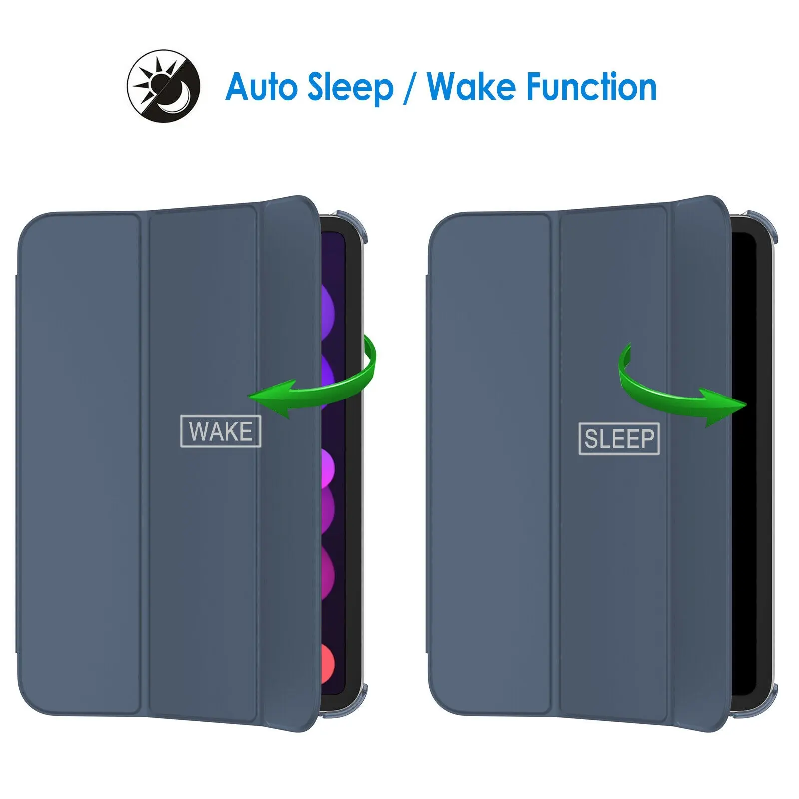 Estuche magnético azul para iPad Mini con función auto sleep y wake, mostrando la pantalla encendida al abrir y apagada al cerrar la tapa.