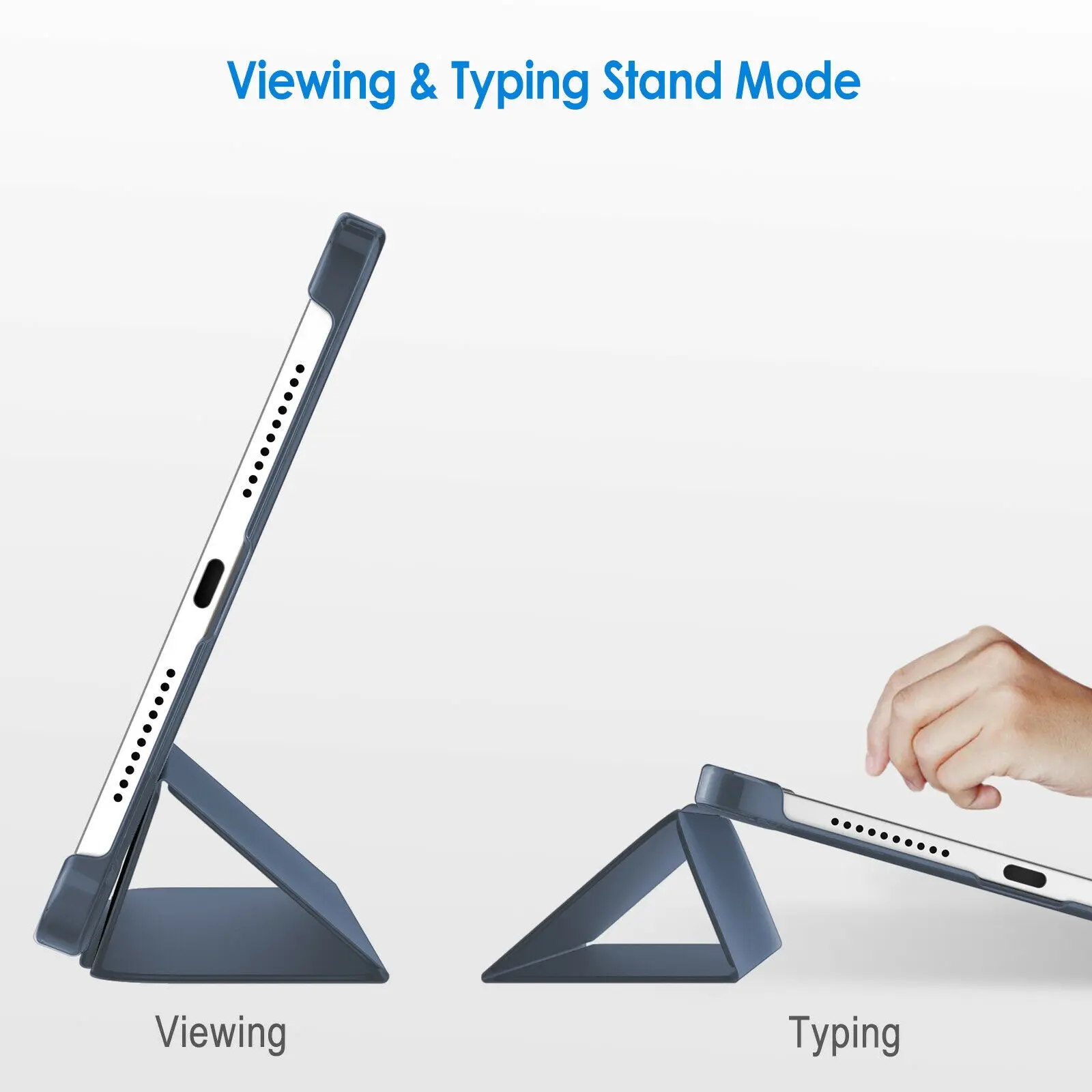 Estuche Smart Case magnético azul para iPad Mini en dos modos: soporte inclinado para visualización y ángulo bajo para escritura táctil.