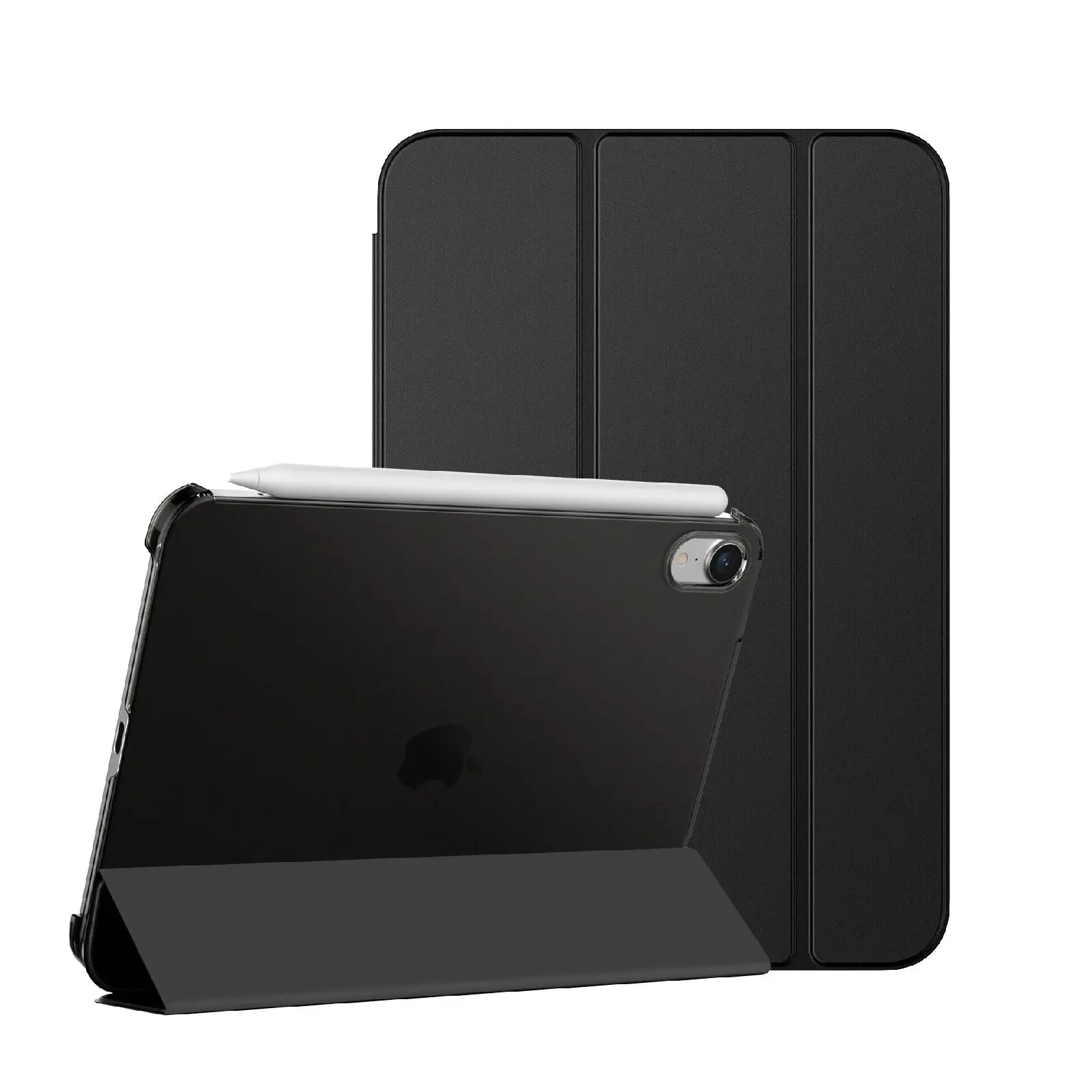 Estuche Smart Case negro para iPad Mini en modo soporte con Apple Pencil blanco y tapa magnética plegable de acabado mate