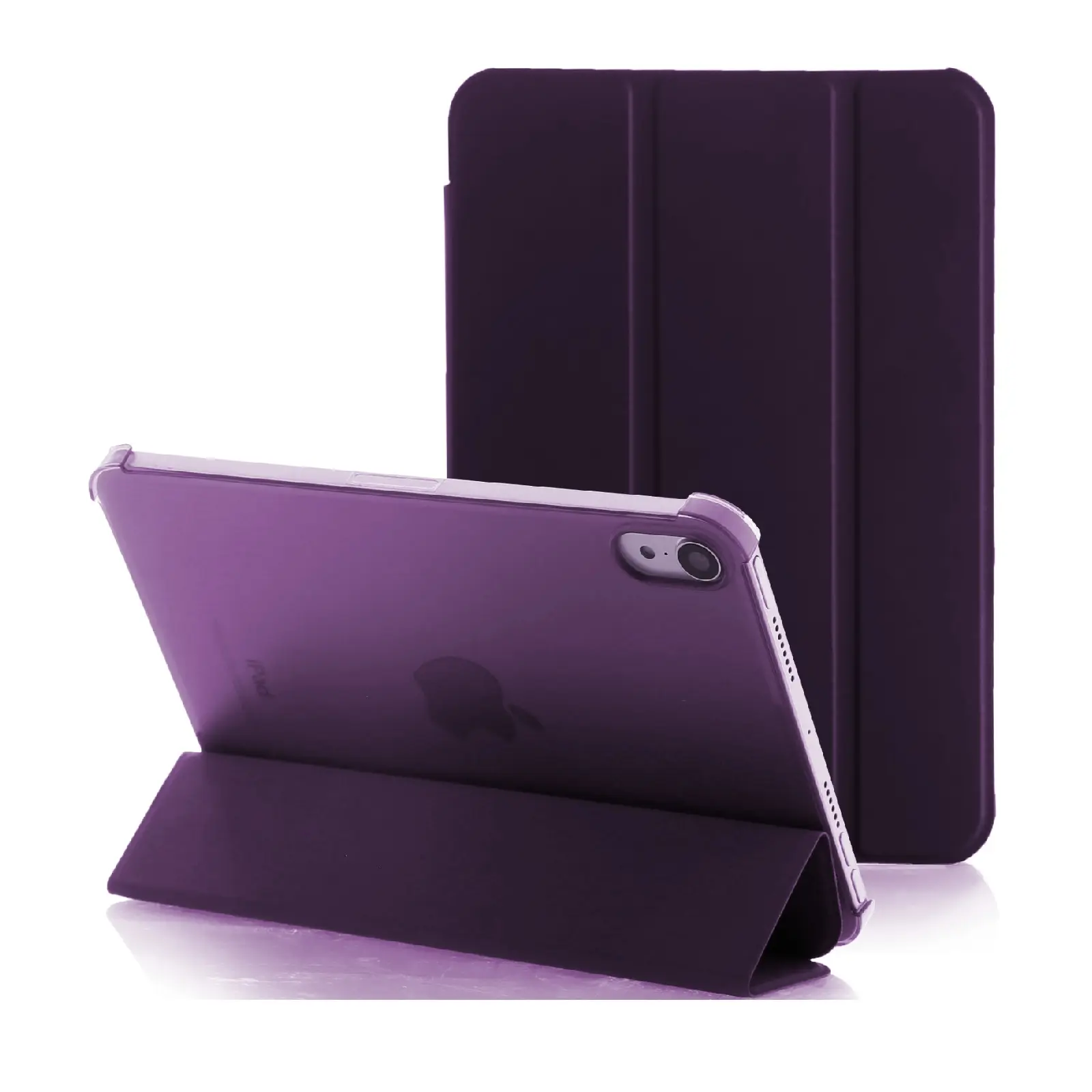 Estuche Smart Case magnético morado para iPad Mini, mostrado en posición de soporte horizontal y con la tapa protectora de pie.