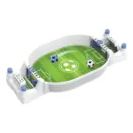 Futbolito de mesa portátil con campo verde, dos balones, marcadores manuales del 1 al 7 y estructura blanca compacta para juegos de habilidad infantil.
