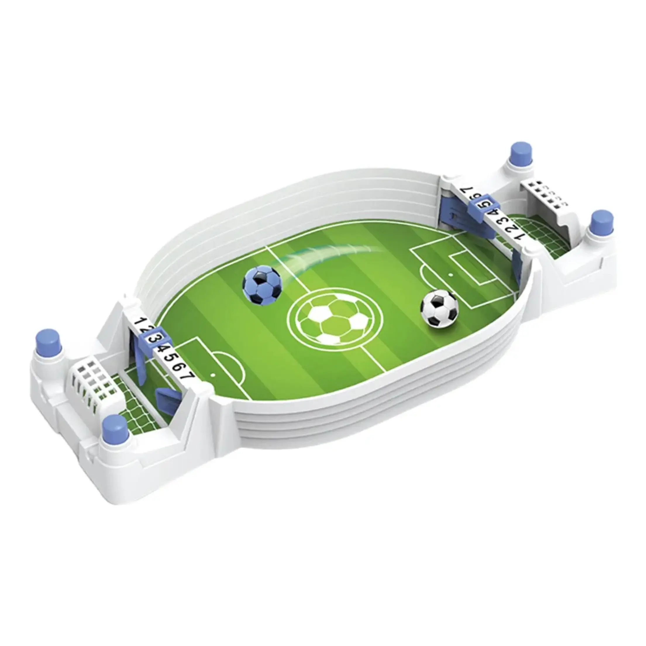 Futbolito de mesa portátil con campo verde, dos balones, marcadores manuales del 1 al 7 y estructura blanca compacta para juegos de habilidad infantil.