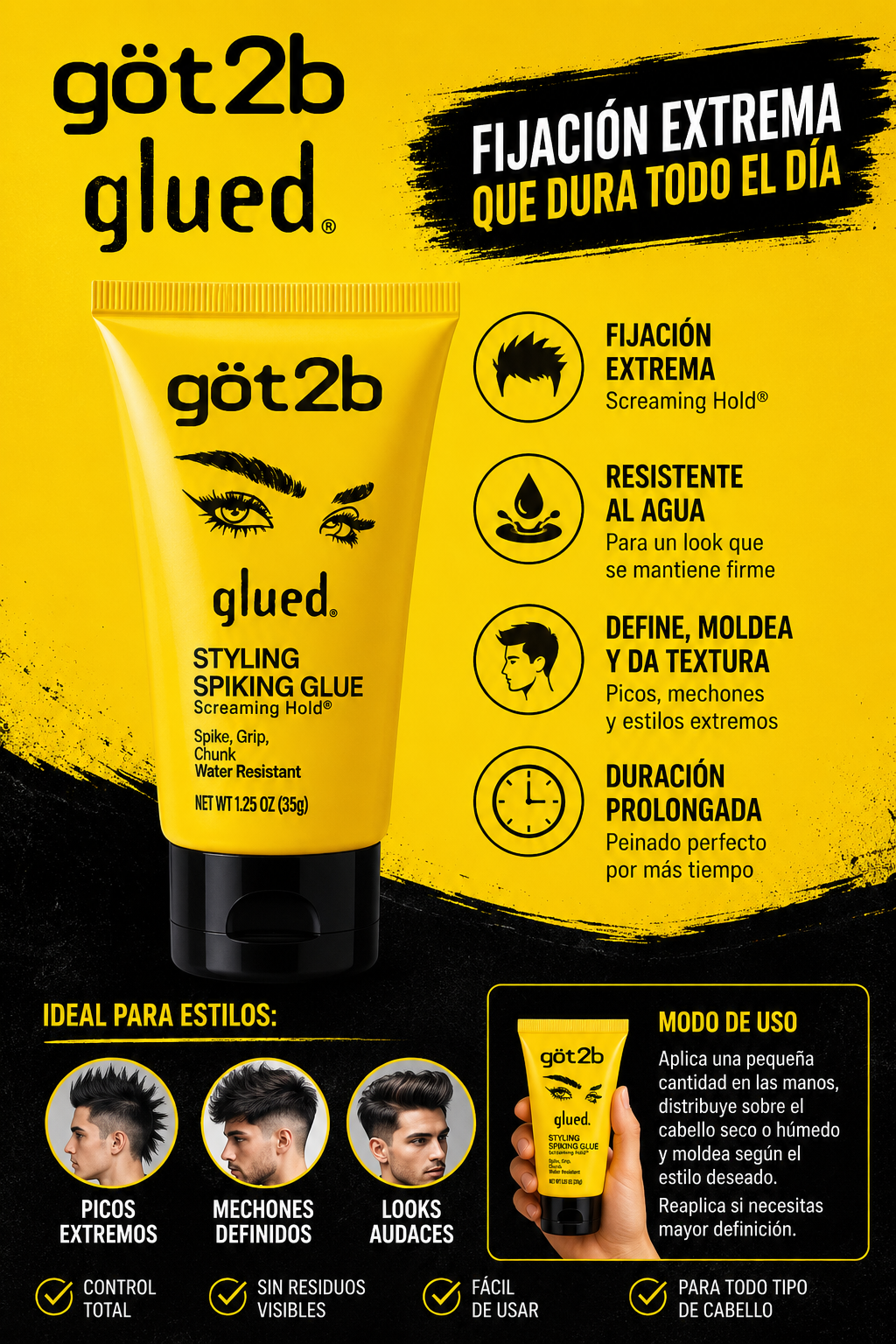 Set x2 Gel fijador capilar Got2B Glued 35 g - Controla tu cabello con máxima fijación resistente al agua