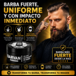 Bálsamo estimulante de barba negro de 110 ml junto a hombre con barba poblada y texto publicitario sobre crecimiento y fuerza.