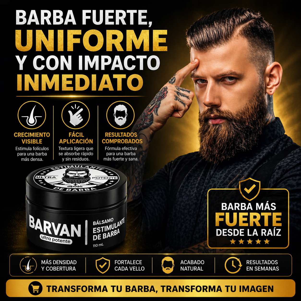 Bálsamo estimulante de barba negro de 110 ml junto a hombre con barba poblada y texto publicitario sobre crecimiento y fuerza.