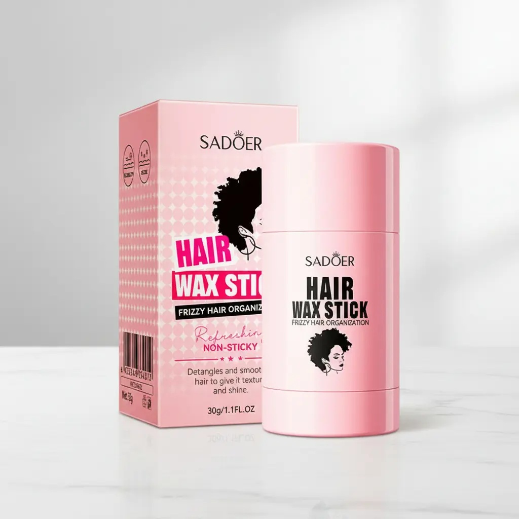 Cera en barra para cabello Sadoer en presentación rosa de 30g, con empaque y estuche que muestran de perfil y texto identificativo.
