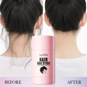 Barra de cera rosa Sadoer para control de frizz, mostrando comparación del antes y después en el cabello suelto de la nuca.