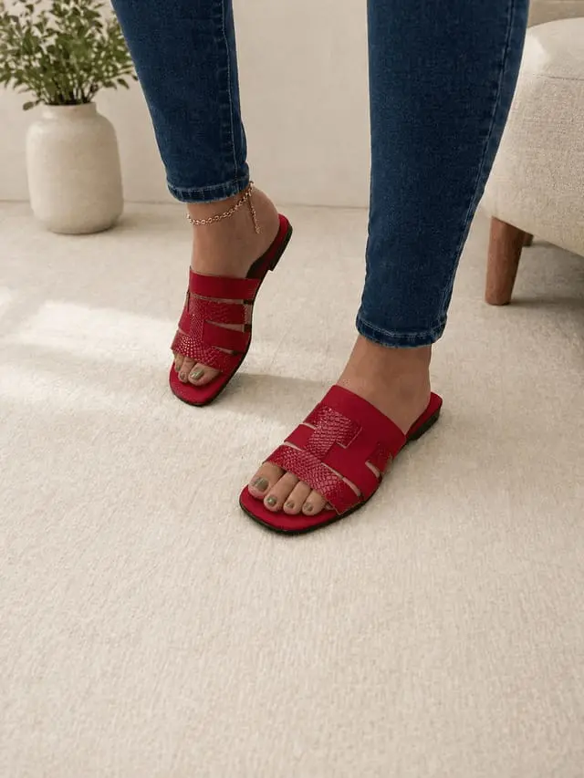 Sandalias planas rojas con diseño de tiras anchas en piel sintética texturizada y suela baja, puestas con jeans en un interior.