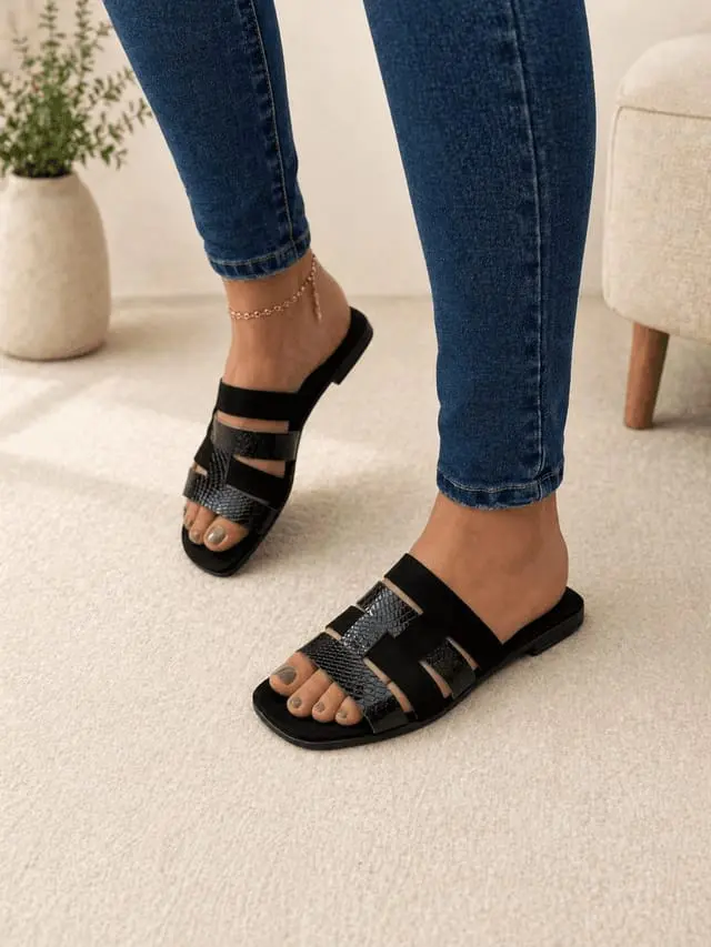Sandalias planas casuales negras para mujer con bandas frontales texturizadas estilo serpiente, ideal para clima cálido.