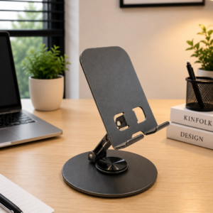 Soporte de escritorio gris oscuro para celular en aluminio con base redonda giratoria y brazo ajustable sobre mesa de madera.