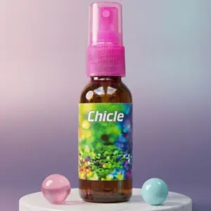 Atomizador aromatizante de ambientes aroma chicle en botella ámbar con atomizador rosa, sobre base de mármol entre dos esferas de colores.