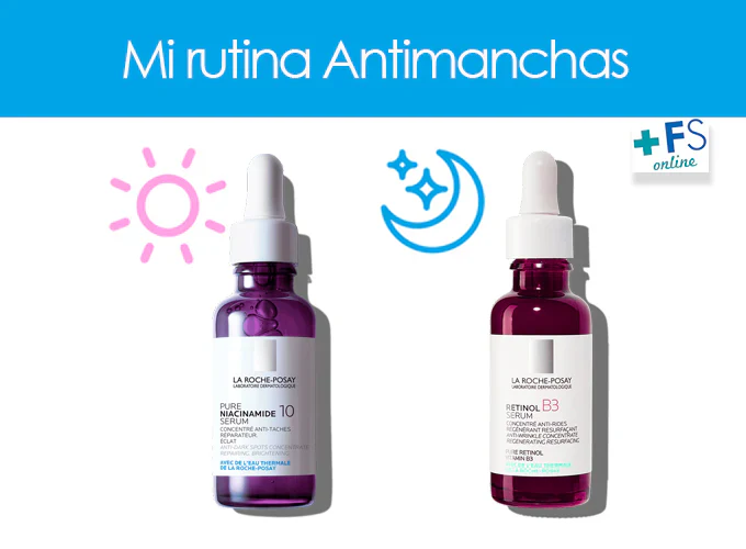 Kit antimanchas La Roche-Posay con sérum de niacinamida para el día y retinol B3 para la noche en envases de treinta mililitros.