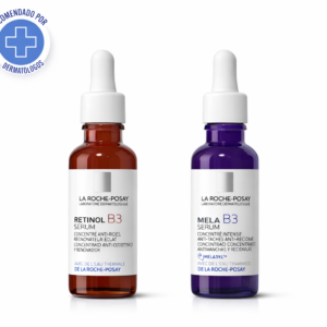Dos frascos goteros de sérum La Roche Posay de 30 ml sobre superficie blanca; el izquierdo marrón con Retinol B3 y el derecho azul con Mela B3.