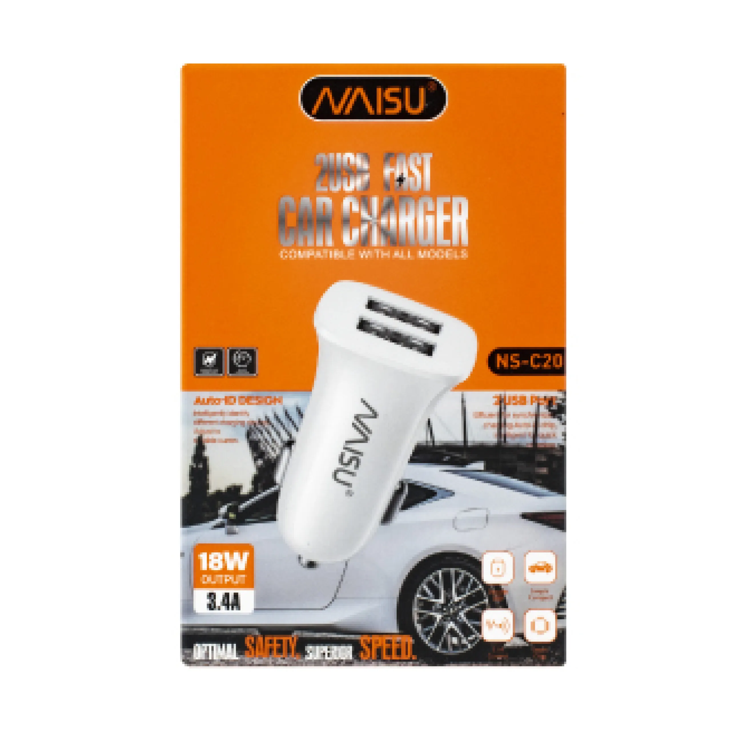 Caja naranja de cargador para auto Naisu NS-C20 con dos puertos USB, salida de 18W y diseño blanco brillante frente a un carro deportivo.