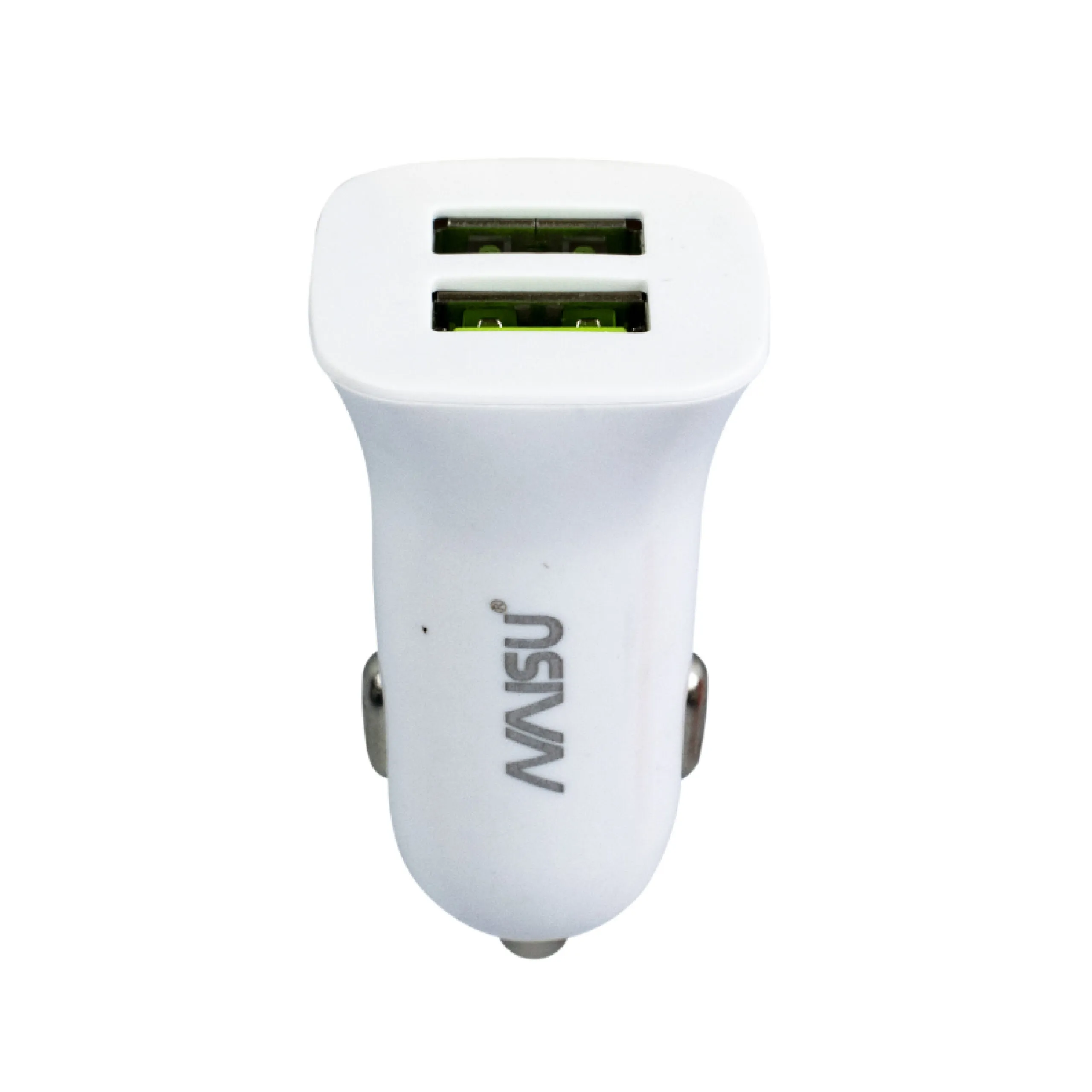 Cargador para auto blanco con doble puerto USB vertical de color verde, contactos metálicos laterales y marca Naisu impresa en el cuerpo.