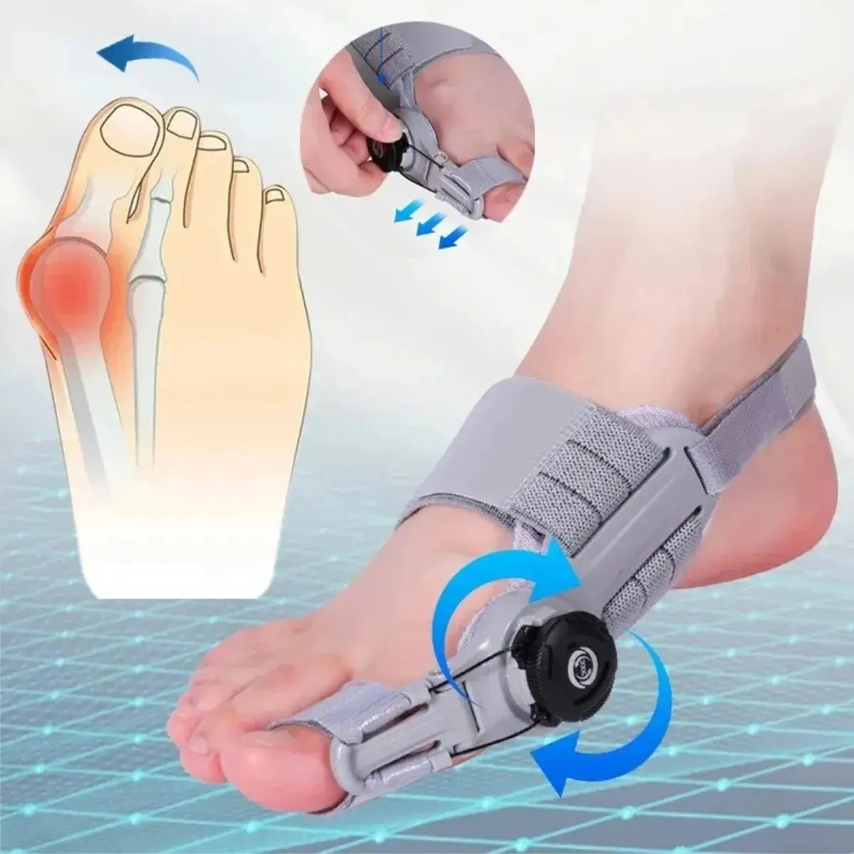 Corrector de juanete gris ajustable con perilla de tensión, diseño ergonómico para alinear el dedo gordo del pie y aliviar la presión del hueso.