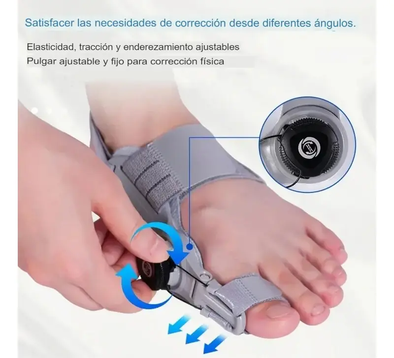 Corrector de juanete gris ajustable en el pie izquierdo con perilla de tensión y cierre de velcro para alineación.