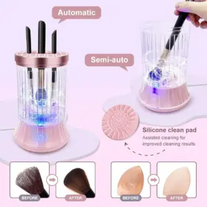 Limpiador eléctrico automático de brochas de maquillaje rosa con luz UVC - Desinfecta y seca tus pinceles profundamente sin dañarlos