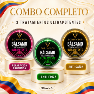Combo de tres tratamientos capilares ultrapotentes de 30 ml cada uno, distribuidos en tarros con detalles en fucsia, verde y dorado para reparación profunda, anti frizz y anti caída.