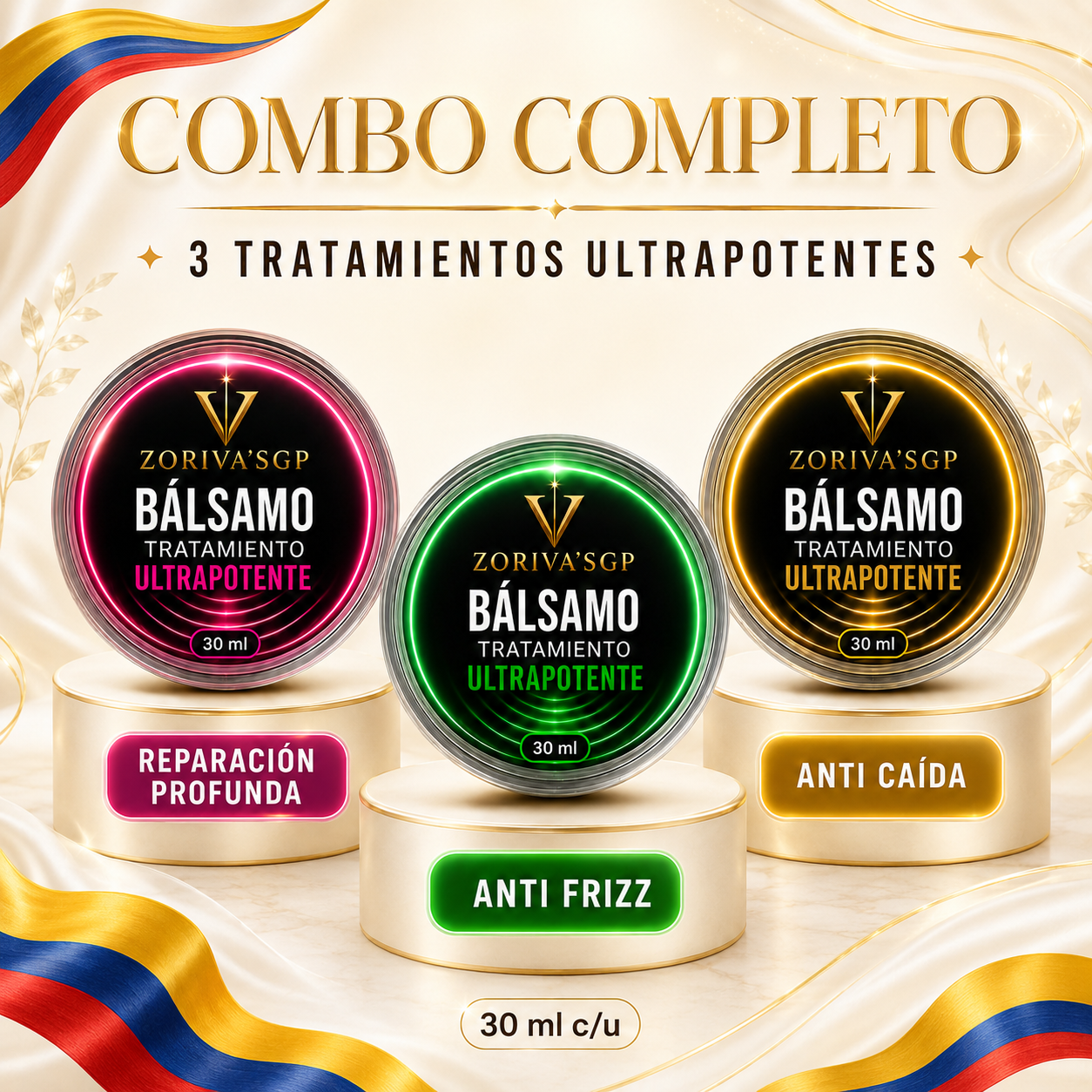 Combo de tres tratamientos capilares ultrapotentes de 30 ml cada uno, distribuidos en tarros con detalles en fucsia, verde y dorado para reparación profunda, anti frizz y anti caída.