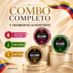 Combo completo de tres bálsamos capilares ultrapotentes en envases redondos de 30 ml con tapas en colores dorado, fucsia y verde, sobre pedestales dorados.