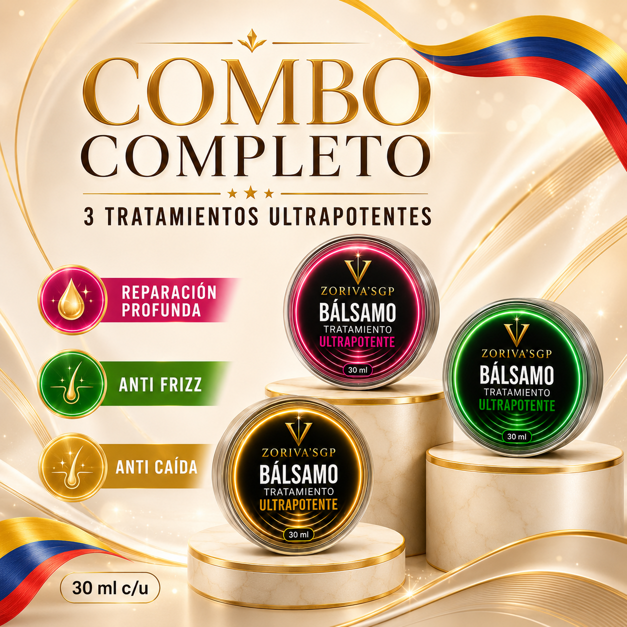Combo completo de tres bálsamos capilares ultrapotentes en envases redondos de 30 ml con tapas en colores dorado, fucsia y verde, sobre pedestales dorados.
