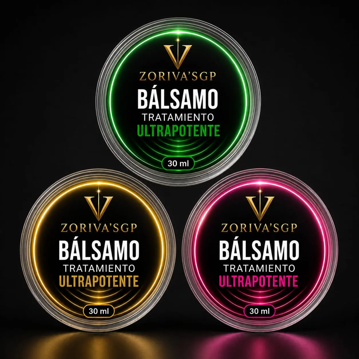 Tres envases circulares de 30 ml de bálsamo con bordes brillantes en colores verde, amarillo y rosa sobre fondo negro.