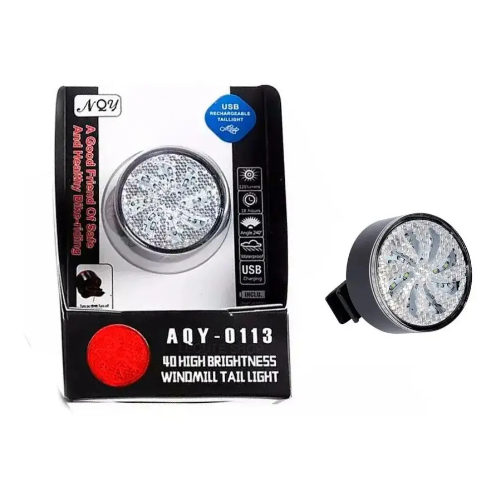 Luz trasera de bicicleta negra con diseño de molino de viento y empaque AQY-0113, recargable por USB para mayor visibilidad nocturna.