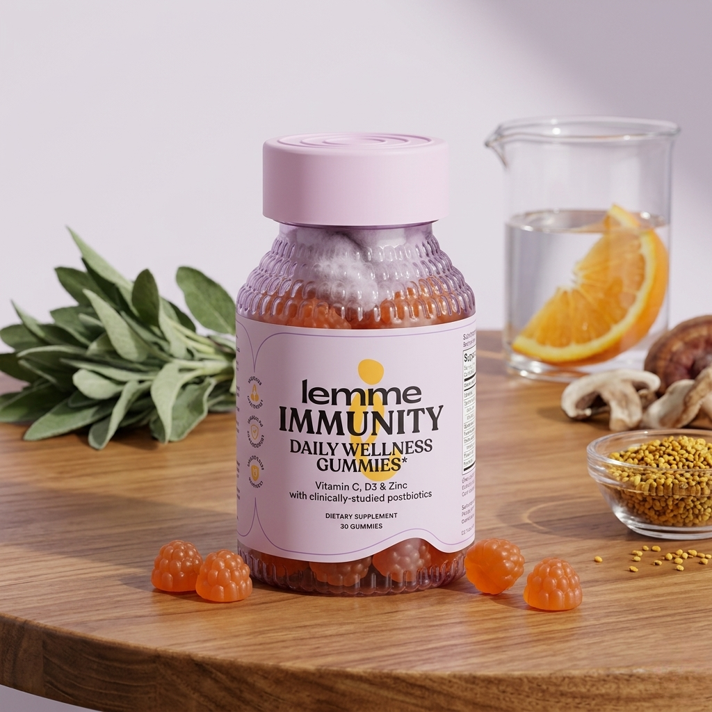 Frasco de 30 gomitas Lemme Immunity en superficie de madera, acompañado de hierbas, rodajas de naranja en vaso y polen.