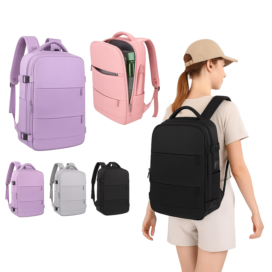 Mochila de viaje impermeable con puerto USB, color negro puesta en mujer, acompañada de versiones en morado, rosa abierto y gris.