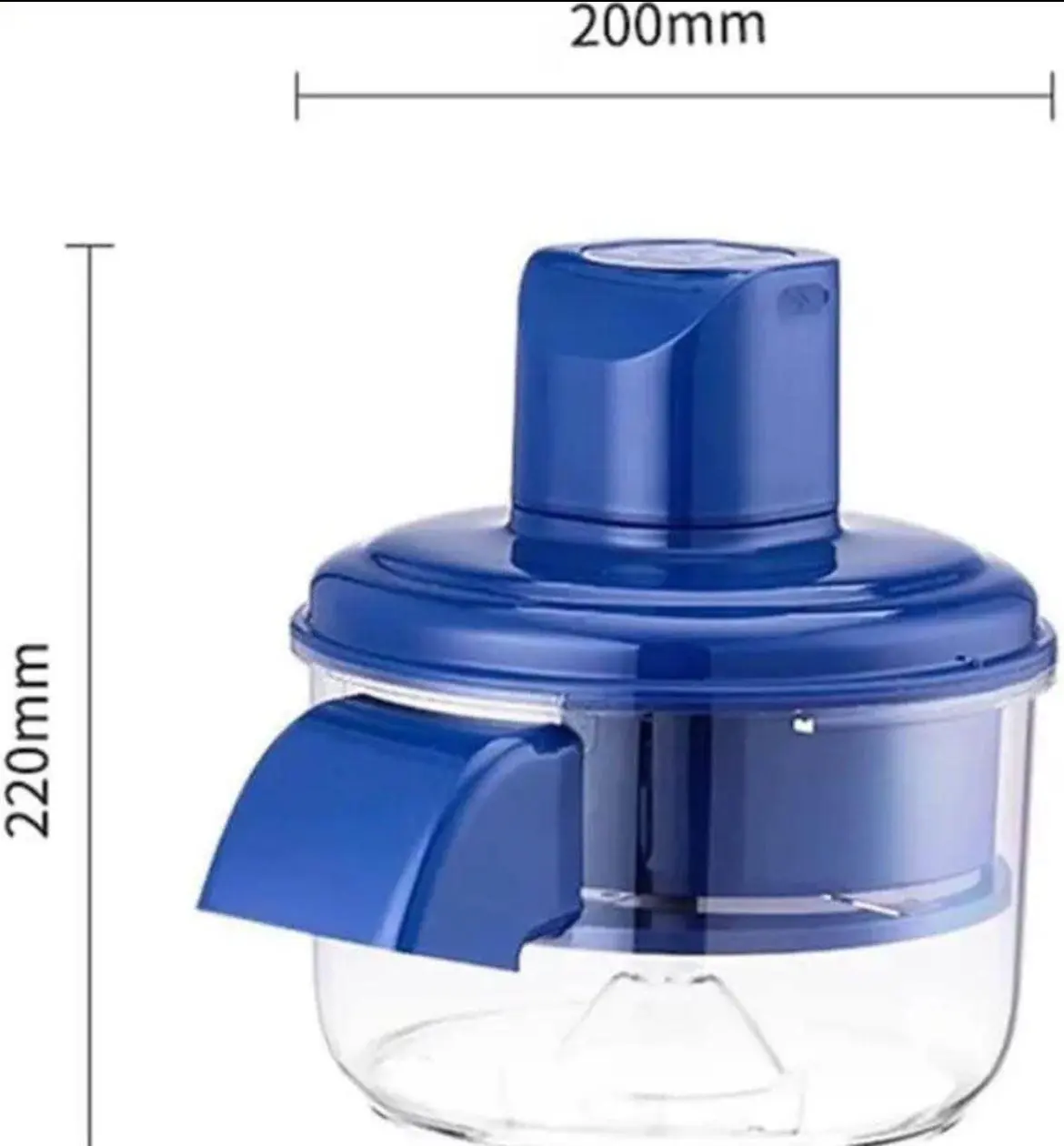 Pelador eléctrico inalámbrico azul con dimensiones de 200 mm de ancho por 220 mm de alto, recipiente transparente y boquilla extractora lateral.