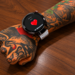 Reloj inteligente Vortexx Smart-Active negro con correa metálica plateada, mostrando el ritmo cardíaco en su pantalla táctil circular.