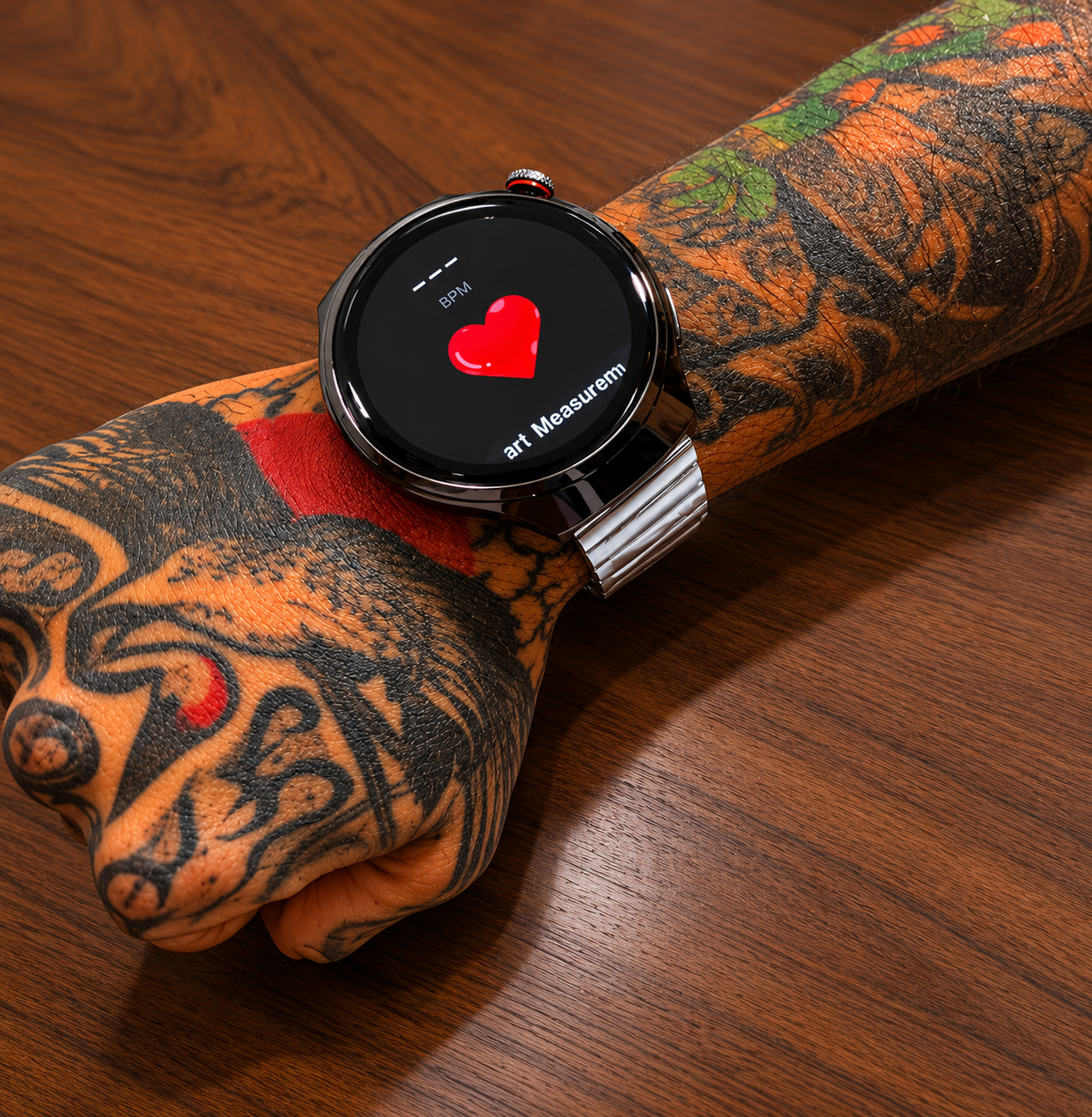 Reloj inteligente Vortexx Smart-Active negro con correa metálica plateada, mostrando el ritmo cardíaco en su pantalla táctil circular.