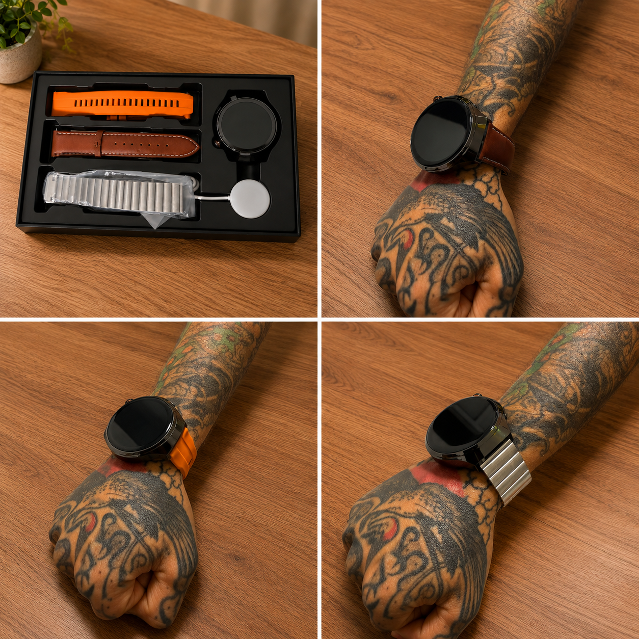 Reloj inteligente con pantalla circular, caja negra y tres correas intercambiables en cuero marrón, silicona naranja y acero plateado sobre mesa de madera.