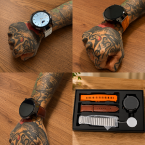 Reloj inteligente con tres correas intercambiables: naranja, cuero marrón y metal plateado, mostrado en muñeca tatuada y en caja de presentación.