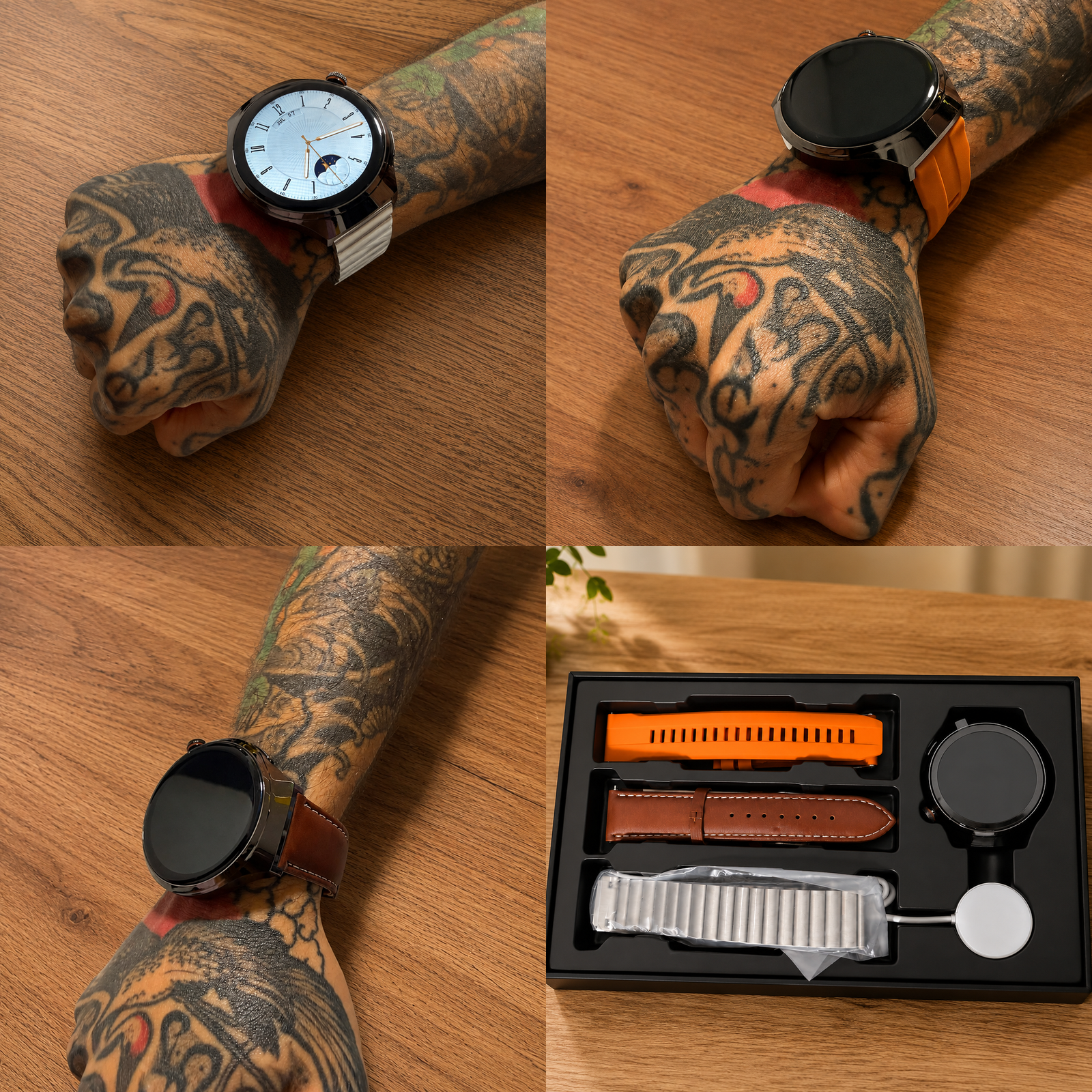 Reloj inteligente con tres correas intercambiables: naranja, cuero marrón y metal plateado, mostrado en muñeca tatuada y en caja de presentación.
