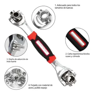 Llave inglesa multipropósito de acero pulido con mango ergonómico rojo y negro, cabezal giratorio 360 y función magnética para tornillos.