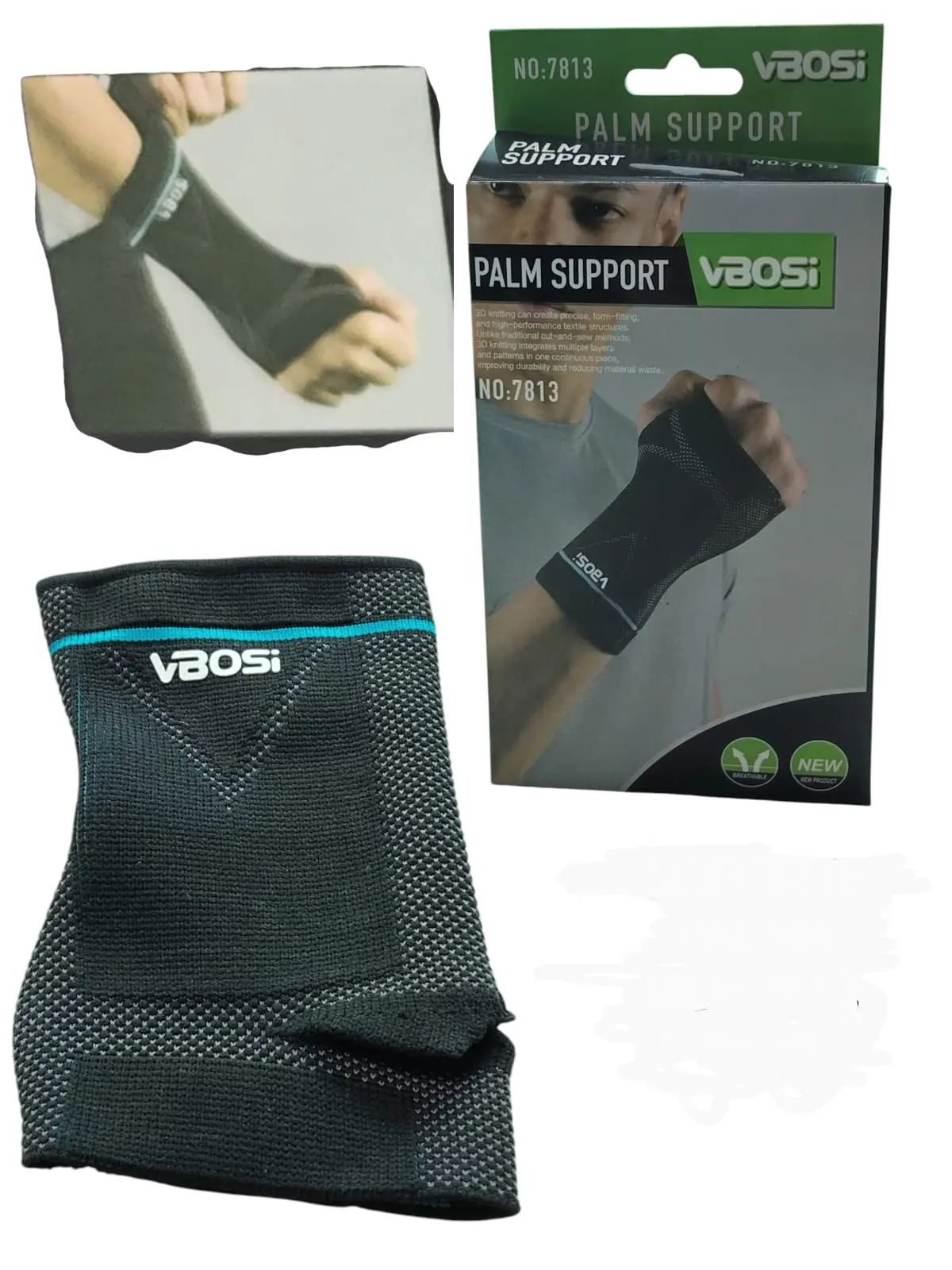 Guante protector VBOSI negro con textura de malla y detalle azul, junto a su empaque que muestra el soporte ergonómico para la muñeca.