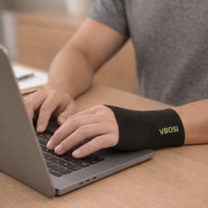 Guante de compresión negro con logo VBOSI en verde, brindando soporte ergonómico a la muñeca mientras se escribe en un portátil.